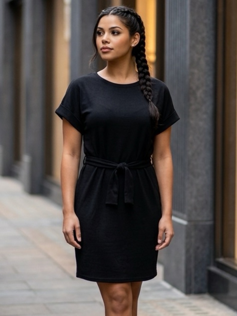 NWT Merokeety SZ L black t-shirt style dress w/attached belt/bust 42”-46”